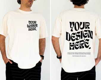 Front and Back Comfort Colors Mockup Ivory Mockup Male C1717 Oversized Tshirt Model Mockup Men C1717 Mockup T-Shirt Mock Up