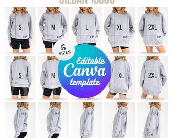 Gildan 18000 Size Chart Oversized Sweatshirt Size Chart Canva Template POD Size Guide Mockup Sweatshirt Unisex Mock up Sizechart Editable