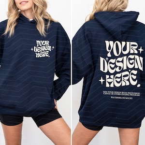 Front and Back Gildan 18500 Navy Gildan Hoodie Mockup Front Back Navy 18500 Hoodie Mockup Oversized Blue Hoodie Mockup Hooded Model Mock
