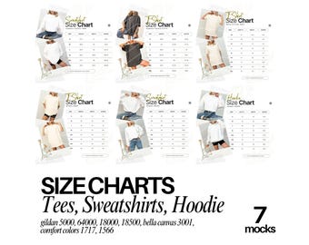 May include: A collection of seven size charts for apparel including t-shirts, sweatshirts, and hoodies. The charts display measurements in inches for Gildan 5000, 64000, 18000, 18500, Bella Canvas 3001, and Comfort Colors 1717, 1566 models.