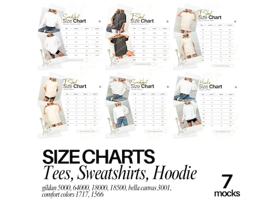 Size Chart Gildan CC1717 Mockup Tshirt Sizing Guide in Inches Unisex Size Chart Unisex Sizing Model Mock up Unisex Tee Size Chart Bundle