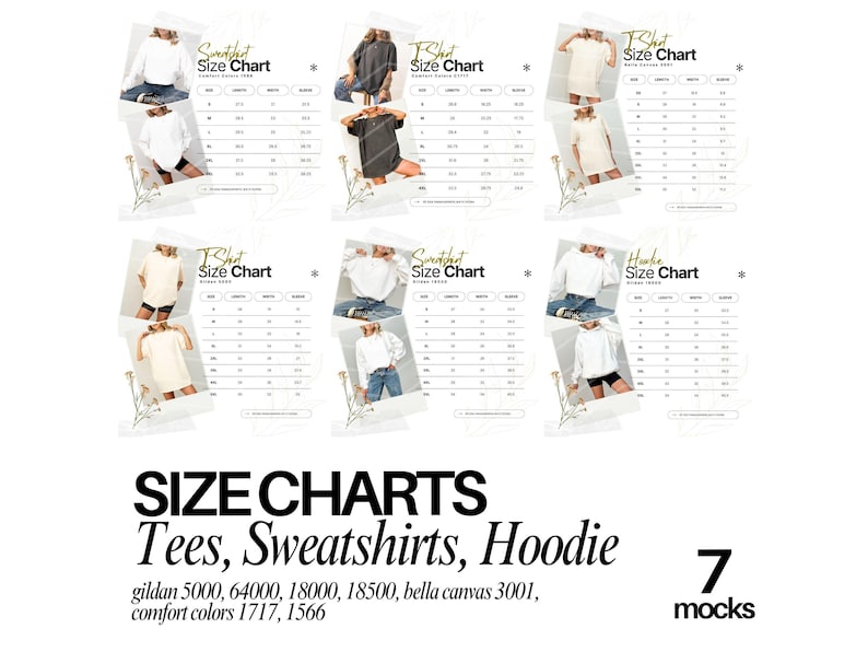 Size Chart Gildan CC1717 Mockup Tshirt Sizing Guide in Inches Unisex Size Chart Unisex Sizing Model Mock up Unisex Tee Size Chart Bundle image 1