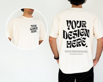 Front and Back Comfort Colors Mockup Ivory Mockup Male C1717 Oversized Tshirt Model Mockup Men C1717 Mockup T-Shirt Mock Up