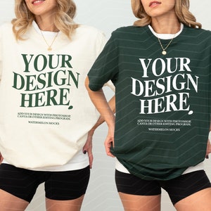 May include: Two women wearing t-shirts with the text "YOUR DESIGN HERE" in white. The t-shirts are in natural and forest green colors. The text below the design says "ADD YOUR DESIGN WITH PHOTOSHOP, CANVA OR OTHER EDITING PROGRAM WATERMELON MOCKS".