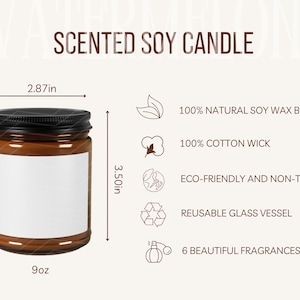 Tabela de tamanhos de velas de soja perfumadas e detalhes do produto Guia de tamanhos de velas e principais recursos Maquete Ferramenta de listagem de POD Instruções de cuidado para velas