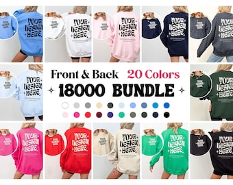 Könnte beinhalten: Ein Bündel von zwanzig Rundhals-Sweatshirts in verschiedenen Farben, jeweils mit dem Text YOUR DESIGN HERE in einer fetten, wellenförmigen Schrift auf der Rückseite und einer kleineren Version auf der Vorderseite. Das Bild enthält den Text Front & Back 20 Colors 18000 BUNDLE.