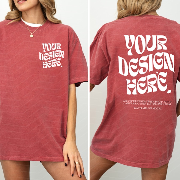 Front and Back Comfort Colors Crimson Mockup C1717 Crimson Mockup Front Back Mockup Print on Back Oversized Tshirt Model Mockup