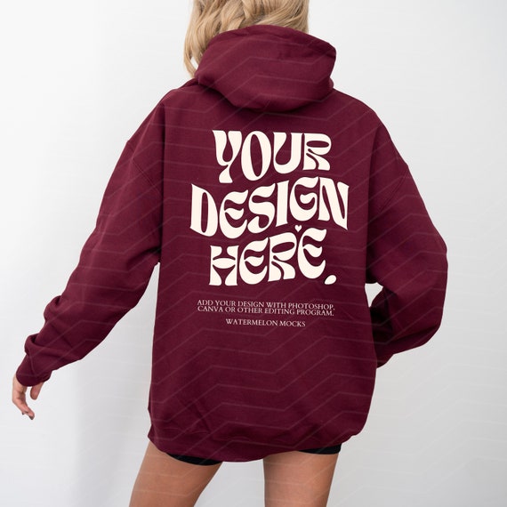 Back Gildan 18500 Maroon Gildan Hoodie Mockup Print on Back Maroon 18500 Hoodie Mockup Maroon Oversized Hoodie Mockup Hooded Model Mockup