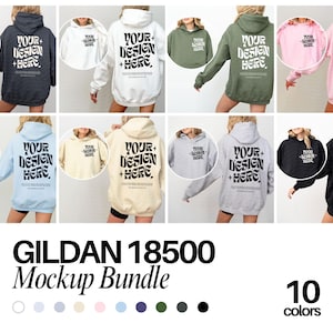 Fram- och baksida Gildan 18500 Mockup-paket Fram- och baksida Hoodie Mockup-paket Svartvitt Mockup-tryck på baksidan Stor hoodie Hela butikspaketet bild 1