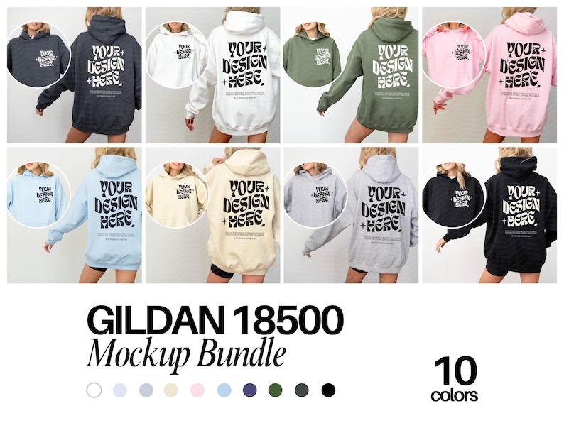 Fram- och baksida Gildan 18500 Mockup-paket Fram- och baksida Hoodie Mockup-paket Svartvitt Mockup-tryck på baksidan Stor hoodie Hela butikspaketet bild 1