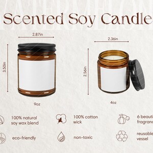 Tabela de tamanhos de velas de soja perfumadas e detalhes do produto Guia de tamanhos de velas e principais recursos Maquete Ferramenta de listagem de POD Instruções de cuidados para velas