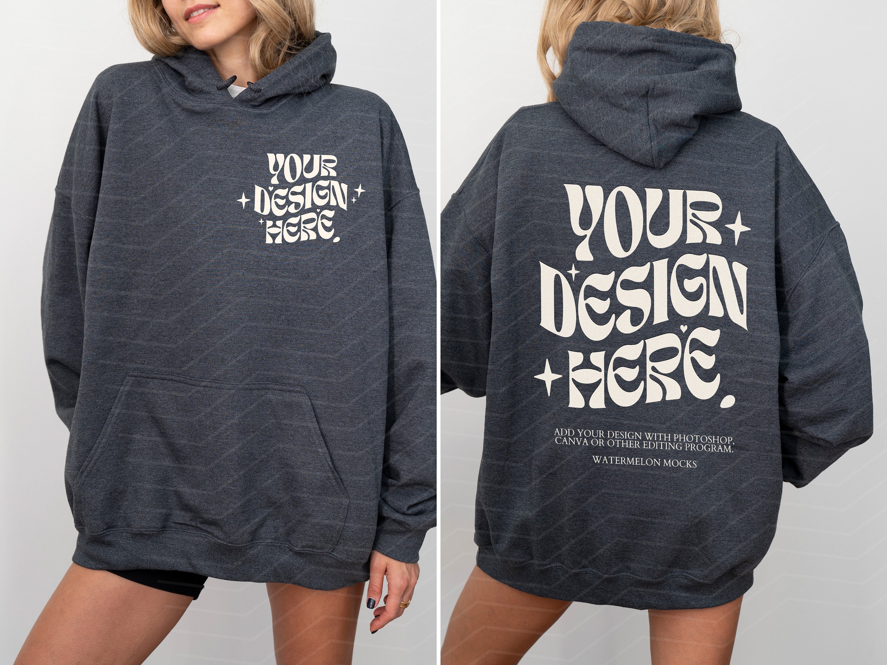 Front and Back Dark Grey Gildan 18500 Grey Gildan Hoodie Mockup