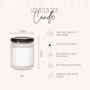 Tabela de tamanhos de velas de soja perfumadas e detalhes do produto Guia de tamanhos de velas e principais recursos Maquete Ferramenta de listagem de POD Instruções de cuidado para velas