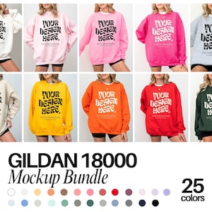 May include: A mockup bundle of 25 Gildan 18000 sweatshirts in various colours. The sweatshirts feature the text "YOUR DESIGN HERE" in a retro font.