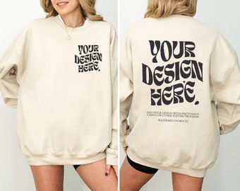 Gildan 18000 Front and Back Sand Mockup Front Back Sweatshirt Mockup Oversized Mockup Sand Mockup 18000 Gildan Mockup