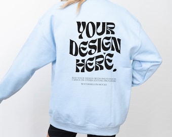 Back Gildan 18000 Light Blue Mockup Print on Back Light Blue Sweatshirt Mockup Oversized Light Blue Crewneck Mockup Model 18000 Gildan Mock
