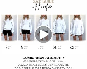 Puede incluir: Una guía de tallas para sudadera con capucha Gildan 18500 que muestra cinco sudaderas blancas de la talla S a 2XL con medidas en pulgadas. El texto dice: Looking for an oversized fit? For reference the model is 5'8. Usually wears size M.
