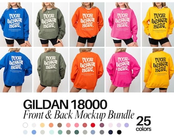 May include: A Gildan 18000 sweatshirt mockup bundle featuring front and back views in blue, olive, orange, pink, and yellow. Each sweatshirt displays the text YOUR DESIGN HERE in a wavy black font, with smaller text below, over black shorts.