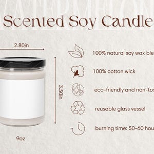 Tabela de tamanhos de velas de soja perfumadas e detalhes do produto Guia de tamanhos de velas e principais recursos Maquete Ferramenta de listagem de POD Instruções de cuidado para velas