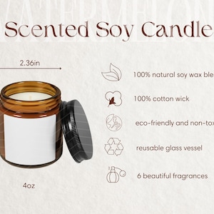 Tabela de tamanhos de velas de soja perfumadas e detalhes do produto Guia de tamanhos de velas e principais recursos Maquete Ferramenta de listagem de POD Instruções de cuidado para velas