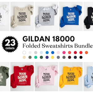 Gildan 18000 Mockup-Bundle (gefaltet), Gildan Flatlay Mockup-Bundle (gefaltet), Schwarzes gefaltetes Sweatshirt-Mockup, Weißes Gildan 18000 Flatlay-Sweatshirt (Rundhalsausschnitt)