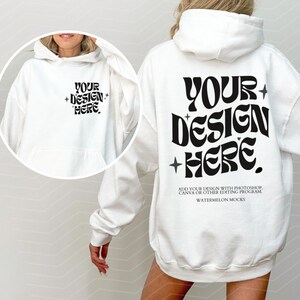 Fram- och baksida Gildan 18500 Mockup-paket Fram- och baksida Hoodie Mockup-paket Svartvitt Mockup-tryck på baksidan Stor hoodie Hela butikspaketet bild 9