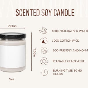 Tabela de tamanhos de velas de soja perfumadas e detalhes do produto Guia de tamanhos de velas e principais recursos Maquete Ferramenta de listagem de POD Instruções de cuidado para velas