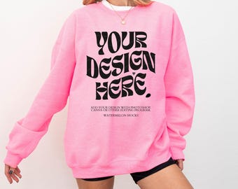 Gildan 18000 Safety Pink Mockup Oversized Sweatshirt Safety Pink Hoodie Mockup 18000 Gildan Valentine's Day Mockup Safety Pink Crewneck Mock