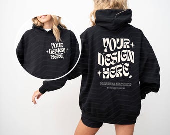 Mockup de moletom preto Gildan 18500 (frente e verso) Mockup de moletom preto Gildan 18500 (frente e verso) Mockup de moletom oversized Mockup de modelo com capuz