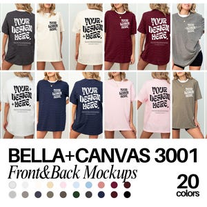 May include: A mockup of a Bella + Canvas 3001 unisex t-shirt in 20 different colours. The t-shirt is a relaxed fit and has a crew neck. The text "Your Design Here" is printed on the front and back of the shirt.