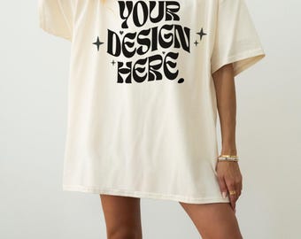 Gildan 5000 Natural Mockup Gildan 64000 Natural Mockup Ivory C1717 Mockup Oversized Mockup Soft Cream Bella Canvas 3001 Shirt Mockup Model