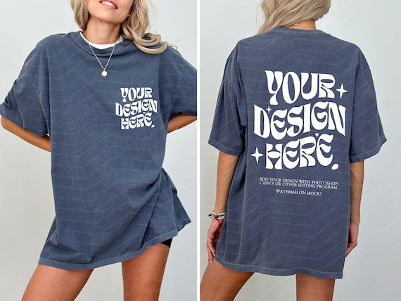 Front and Back Comfort Colors Denim Mockup C1717 Denim Mockup Front Back Mockup Print on Back Oversized Tshirt Model Mockup Blue Mockup