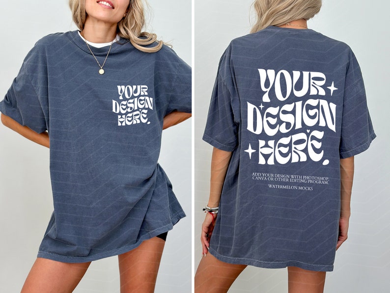 Front and Back Comfort Colors Denim Mockup C1717 Denim Mockup Front Back Mockup Print on Back Oversized Tshirt Model Mockup Blue Mockup image 1