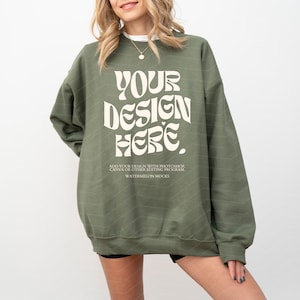 Gildan 18000 Military Green Mockup Military Green Sweatshirt Mockup Oversized Green Crewneck Mockup Model 18000 Gildan Green Mock up Trendy