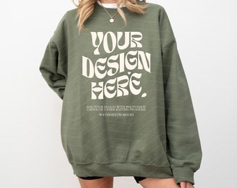 Gildan 18000 Military Green Mockup Military Green Sweatshirt Mockup Oversized Green Crewneck Mockup Model 18000 Gildan Green Mock up Trendy