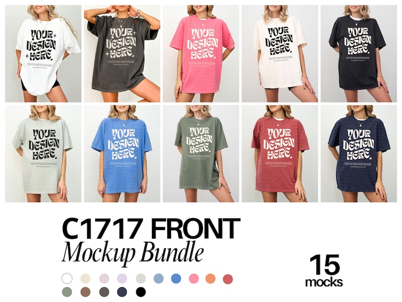 May include: A mockup bundle of 15 oversized t-shirts in various colors, including white, black, gray, blue, green, pink, and red. Each shirt features the text "YOUR DESIGN HERE" in a retro, stylized font.