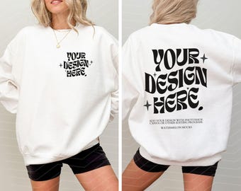 Gildan 18000 Front and Back White Mockup Front Back Mockup White Sweater Oversized Words on Back Mockup White 18000 Gildan Crewneck Trendy