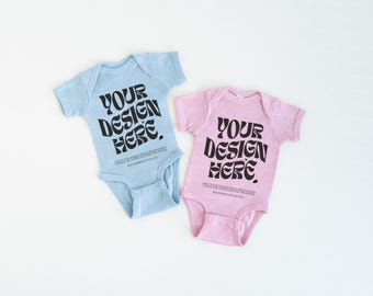Light Blue Pink Baby Mockup Rabbit Skins 4400 Baby Bodysuit Easter Mockup Flat Lay Couple Mockup Kids Couple Mockup 4400Mockup Onesie Mockup