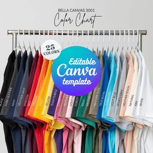 Tabla de colores Bella Canvas 3001 Opciones de paleta de colores de la camiseta Printful 3001 Muestra de color BC 3001 Guía de colores de la camiseta 3001 Maqueta de Bella Canvas imagen 1