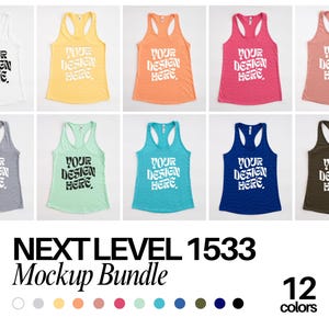 Puede incluir: Un paquete de maquetas de camisetas sin mangas Next Level 1533 en 12 colores. Cada camiseta sin mangas tiene un diseño de espalda nadadora y el texto "YOUR DESIGN HERE" impreso en la parte delantera. Los colores incluyen blanco, amarillo, naranja, rosa, gris, verde, azul y marrón.