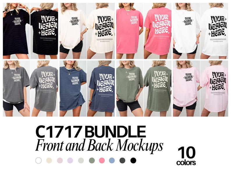 May include: A mockup of a t-shirt with 10 different colour options. The t-shirt is oversized and has a relaxed fit. The text on the back of the shirt says "Your Design Here".