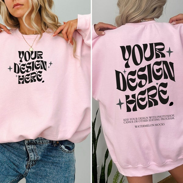 Gildan 18000 Back Front Pink Mockup Oversized Light Pink Hoodie Mockup 18000 Gildan Light Pink Crewneck Outdoor Pink Back Sweatshirt Mockup