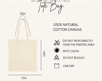 Größentabelle aus Baumwolltaschen Trageanleitung Tote Pflegehinweise Einkaufstasche Sizing Printable POD Printful Size Tote