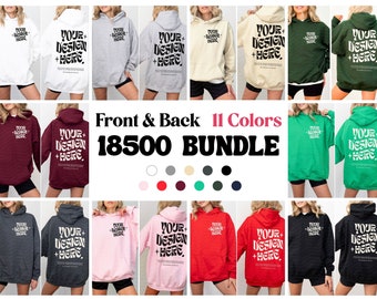 Vorne und hinten Gildan 18500 Mockup Bundle Vorne Hinten Hoodie Mockup Bundle Schwarz Weiß Mock Print auf der Rückseite Oversized Hoodie Ganzes Shop Bundle