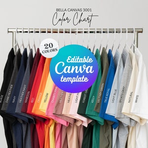 Tabla de colores Bella Canvas 3001 Opciones de paleta de colores de la camiseta Printful 3001 Muestra de color BC 3001 Guía de colores de la camiseta 3001 Maqueta de Bella Canvas