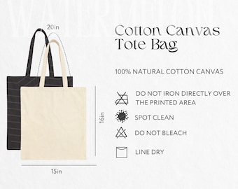 Canvas Tote Bag Size Chart with Product Details Cotton Tote Bag Care Instructions Shopping Bag Mockup Size Printable POD Size Care Chart