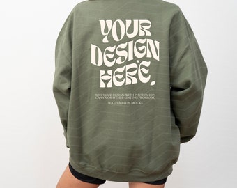 Back Gildan 18000 Military Green Mockup Print on Back Military Green Sweatshirt Mockup Oversized Green Crewneck Mockup Model 18000 Gildan