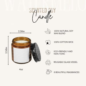 Tabela de tamanhos de velas de soja perfumadas e detalhes do produto Guia de tamanhos de velas e principais recursos Maquete Ferramenta de listagem de POD Instruções de cuidado para velas