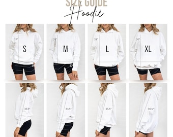 Puede incluir: Una guía de tallas Gildan 18500 para una sudadera con capucha blanca, mostrando vistas frontales y laterales para tallas S, M, L y XL. La tabla incluye medidas en pulgadas para largo, ancho y manga, junto a detalles del modelo 5'8, 125lb, 35-28-37.