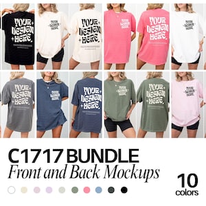 Puede incluir: Una colección de diez camisetas en varios colores, incluyendo negro, blanco, rosa, gris, azul y verde oliva. Cada camiseta se muestra de frente y de espaldas, con el texto 'YOUR DESIGN HERE' en una fuente negra, negrita y ondulada.